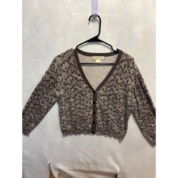Michael Kors XL Brown Snake Print Cardigan Sweater - Womens Cropped Button-Up V- - Picture 1 of 11